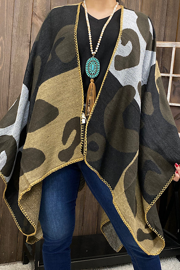 LW11395 Leopard grey & brown color block shawl