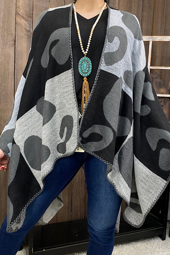 LW11398 Leopard grey & black color block shawl