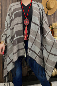 LW11407 Grey & black plaid shawl w/tassels