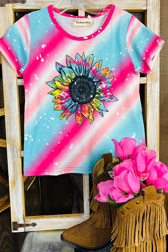 XCH0660-2H Multi color tie dye sunflower printed girls t-shirt
