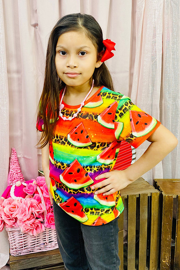 XCH0660-4H  Multi color watermelon & leopard printed GIRLS top