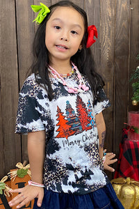 XCH0722-12H Black Merry Christmas tree printed short sleeve girl t-shirt