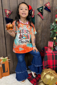 XCH0722-21H Orange Merry Christmas tree printed short sleeve girl t-shirt
