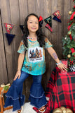 XCH0722-9H Turquoise Happy holidays tree printed short sleeve girl t-shirt