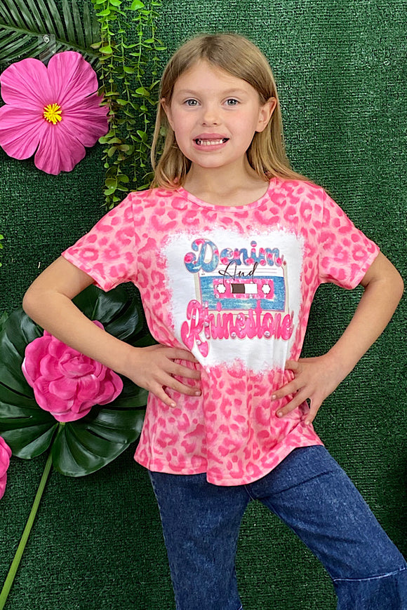 XCH0899-4H DENIM & RHINESTONES Pink leopard printed girl top