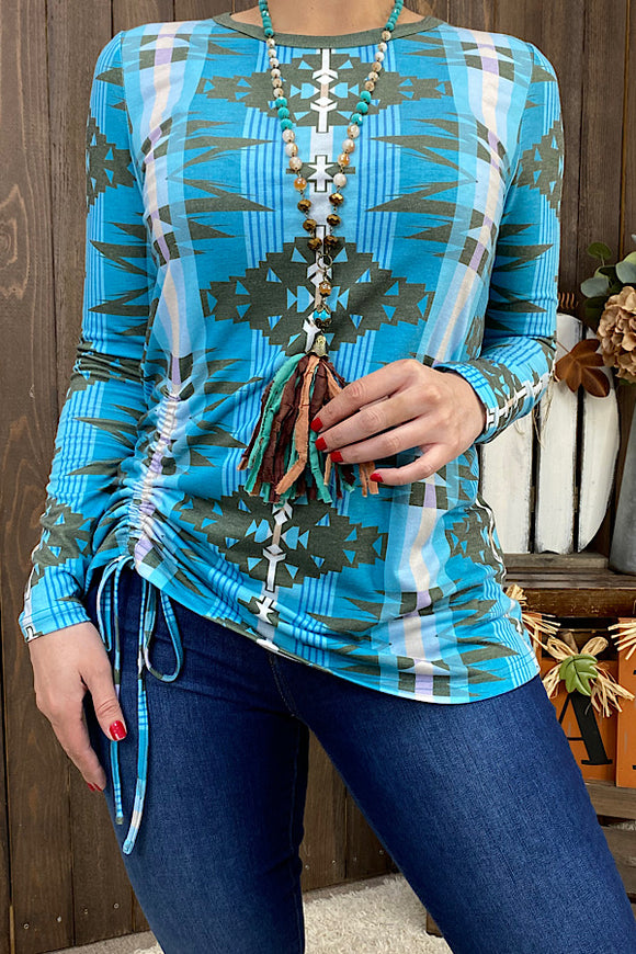 XCH10338 Blue Aztec printed long sleeve top w/ Ruched Side