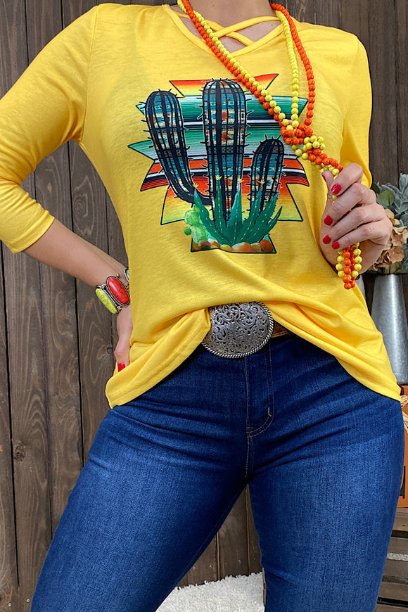 XCH10394 Yellow 3/4 sleeve t-shirt w/serape cactus print