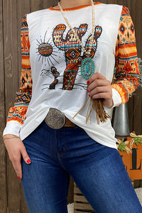 XCH10516 White Cactus & Aztec printed long sleeve t-shirt