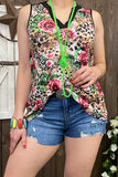 XCH10763 Leopard/roses printed v-neck tank top