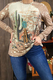 XCH11355 Bleached cactus & cowboy printed long sleeve top