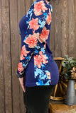 XCH11557 Navy blue floral printed long sleeve top