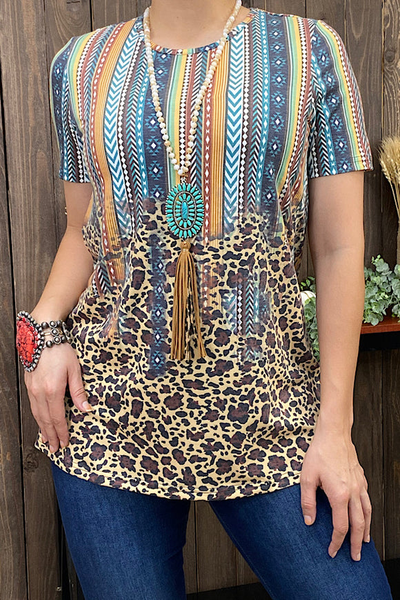 XCH11959 Multi color geometrical & leopard printed short sleeve top