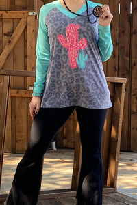 XCH12111 Leopard Printed & cactus v-neck long sleeve top