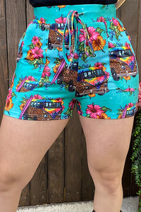XCH12472 Hippie Truck leopard & floral printed shorts w/ adjustable waist strap