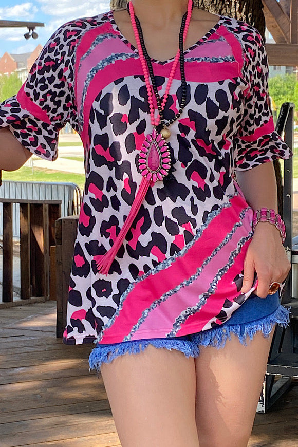 XCH13158  Pink leopard printed short sleeve blouse