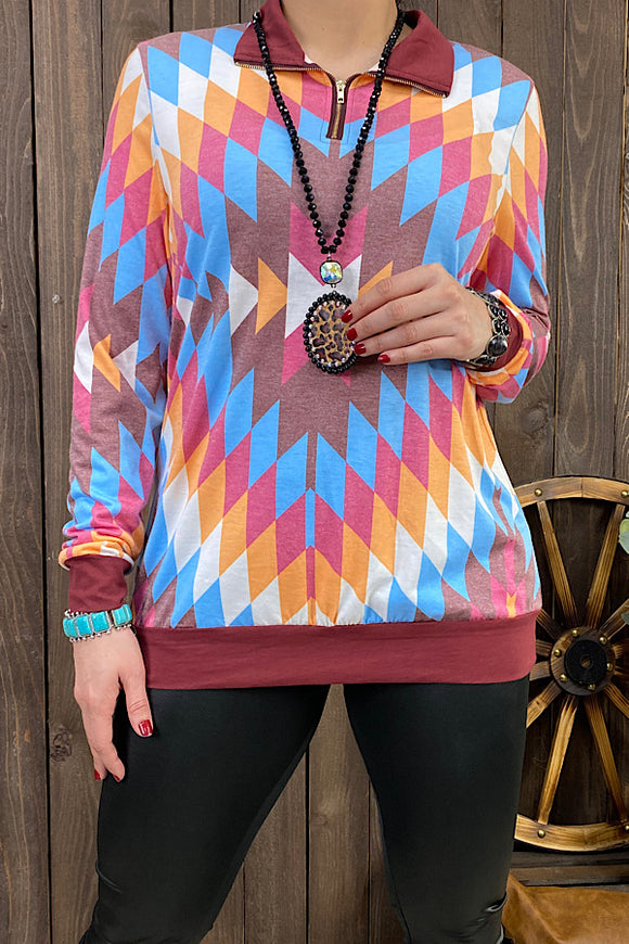 XCH9577 Multi color Aztec printed zipper pullover