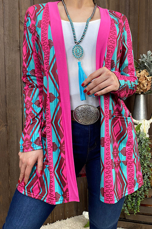 YMY10264 Pink/Turquoise Aztec printed cardigan –