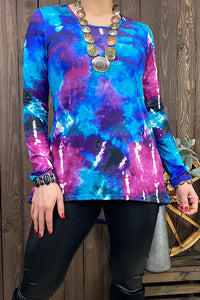 YMY8430 Dark tie dye printed high low long sleeve top