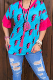 Western turquoise flash print fuchsia ruffle short sleeve women's boutique top YMY8795 (ES12)
