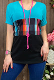 YMY8941-2 Blue/Black & multi color plaid short sleeve top (ES11)