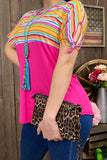 YMY9250 Fuchsia/multi color striped top w adjustable tie sleeves