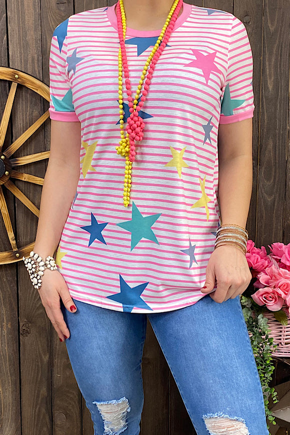 YMY9404-1 Pink/white star printed short sleeve top