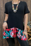 YMY9406 Black short sleeve women top w/floral printed ruffle (AS10)