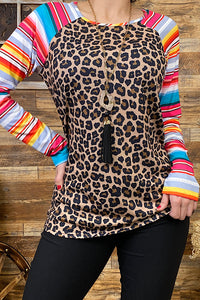YMY9824 Leopard printed top w/serape multi color sleeves