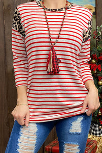 YMY9946 Red striped 3/4 sleeve top w/leopard print