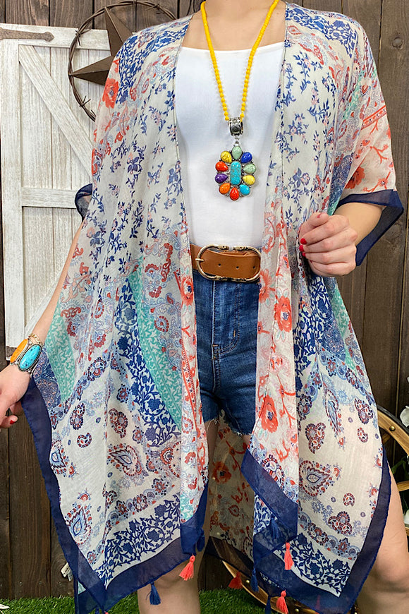 YZ170107 Paisley/floral kimono w/navy blue trim & tassels