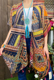 YZ207033 Multi color block tribal printed kimono w/tassels