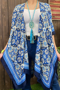 YZ213070 Blue floral multi pattern printed kimono