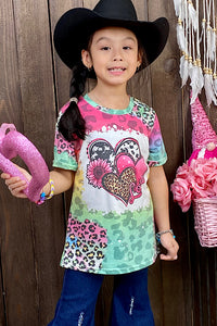 DLH1212-2 LOVE multi color leopard/heart printed short sleeve GIRLS top